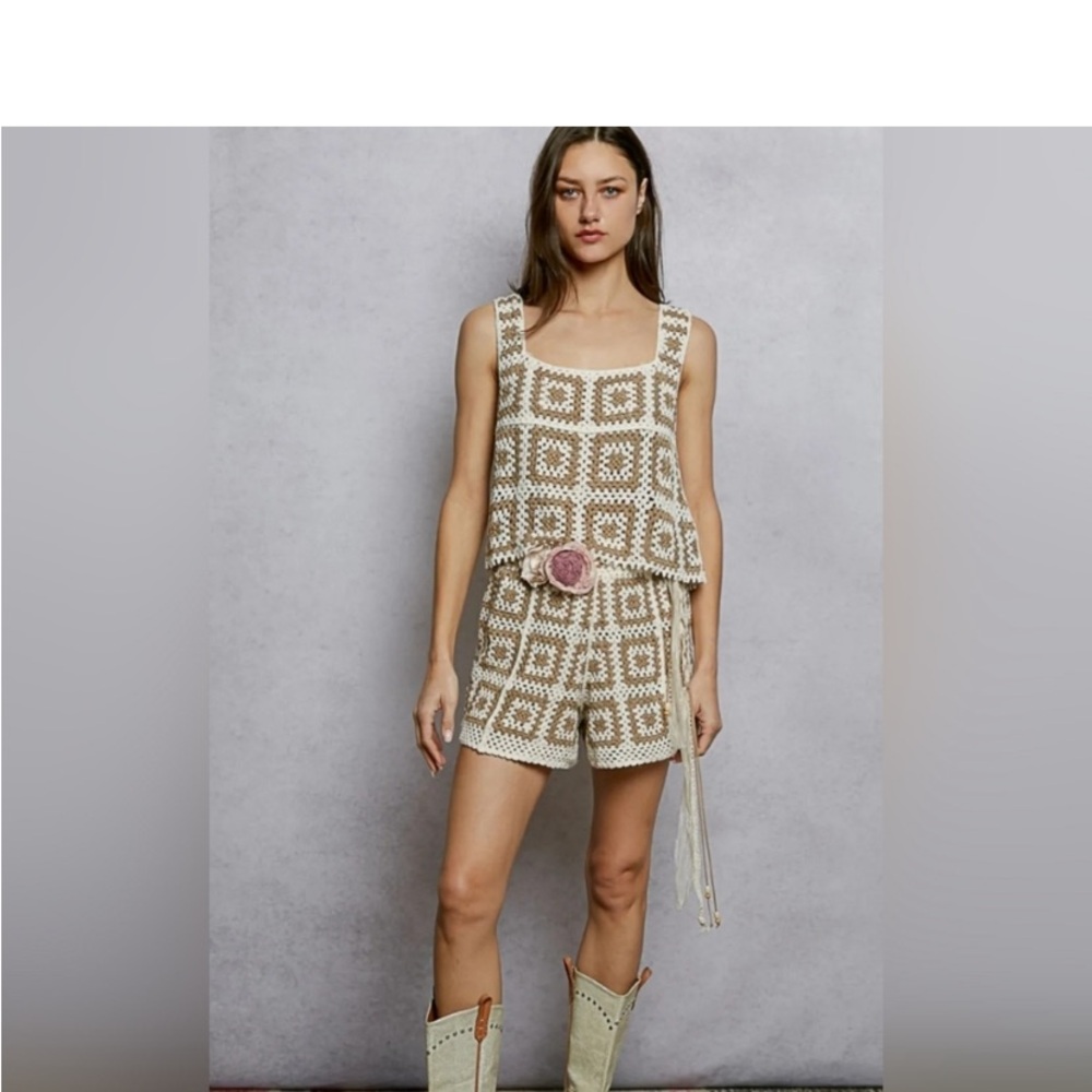 POL Crochet set POL tank and shorts POL set OS crocheted NEW ivory mocha NEW s-l